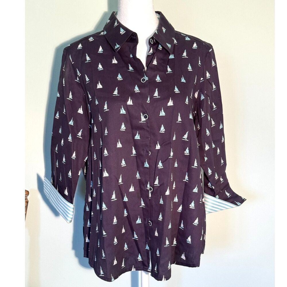 Foxcroft "Ava" Sailboat Print Non-Iron Button-Up Shirt 12P
